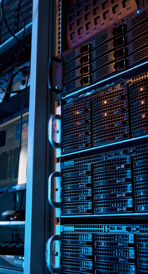 Rows of illuminated server racks in a climate-controlled data centre
