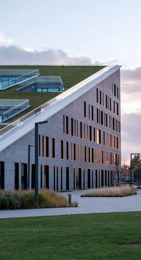 Contemporary office building with a green sloped roof and slim vertical windows at dusk